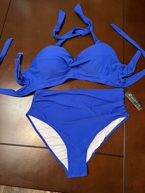 Royal Blue Twist-Front High-Waist Bikini Set